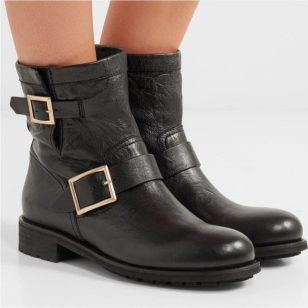 Jimmy Choo Youth Black Leather Biker Boots Gold Buckle Moto Ankle Boot Size 38